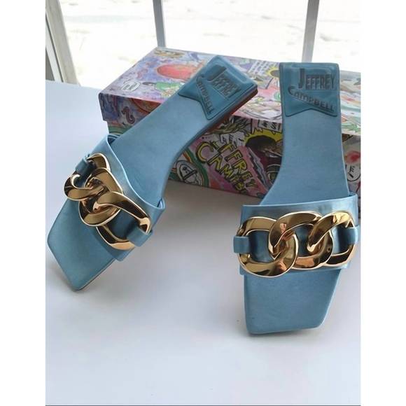 NEW JEFFREY CAMPBELL park chain slide sandal in blue satin - Picture 2 of 2